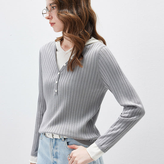 COMOBOCA Women's Layered Ribbed Knit Hooded Henley Top