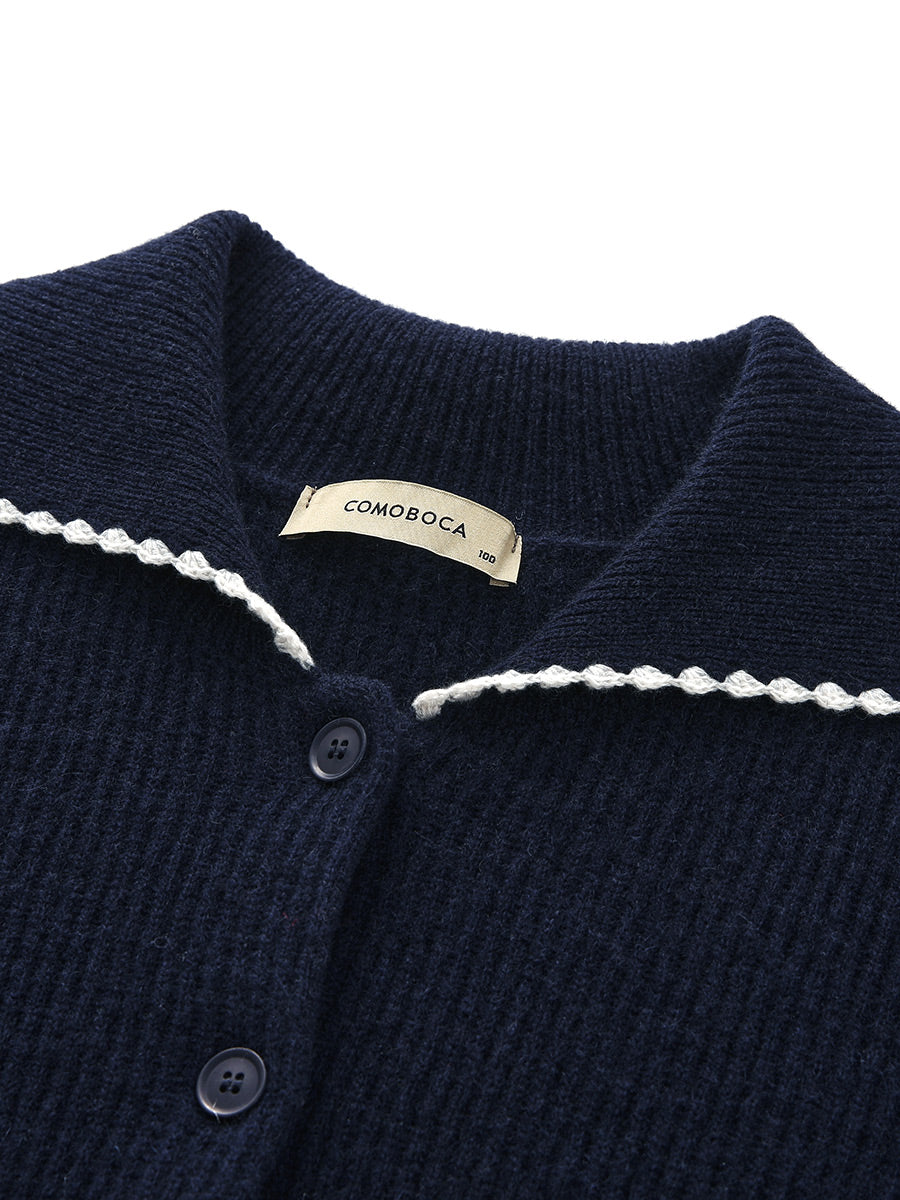COMOBOCA 100% Cashmere Women's Contrast Trimmed Collared Knit Cardigan