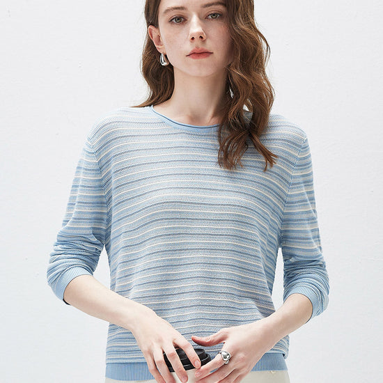 COMOBOCA Light Blue Women's Striped Mesh Knit Round Neck Sweater