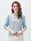 COMOBOCA Light Blue Women's Striped Mesh Knit Round Neck Sweater