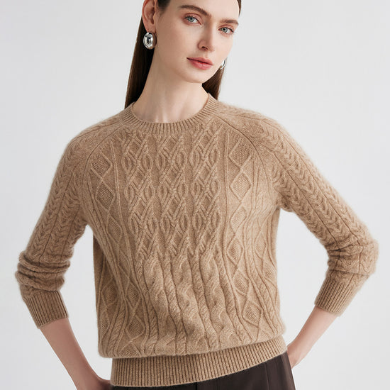 COMOBOCA 100% Cashmere Women's Cable Knit Round Neck Sweater