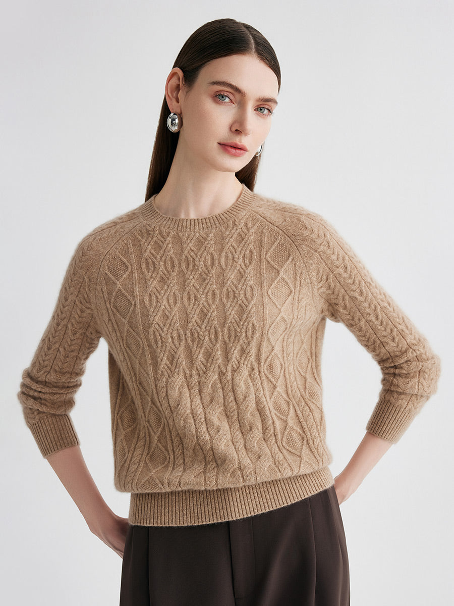 COMOBOCA 100% Cashmere Women's Cable Knit Round Neck Sweater