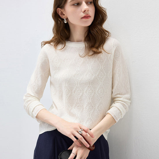 COMOBOCA Cloudy Women's Textured Sheer Knit Round Neck Sweater