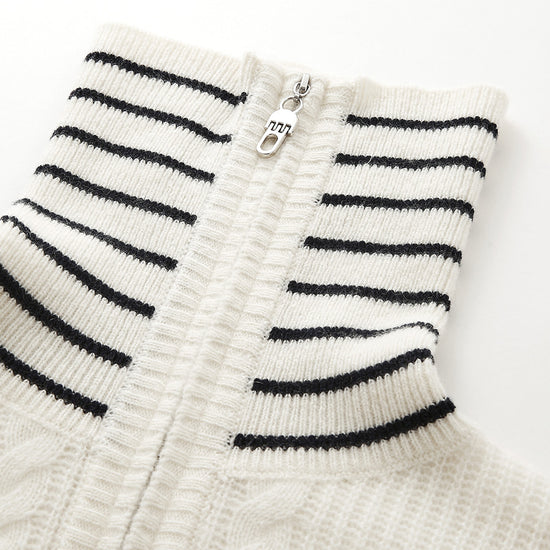 COMOBOCA 100% Cashmere Women's Cable Half Zip Striped Collar Sweater
