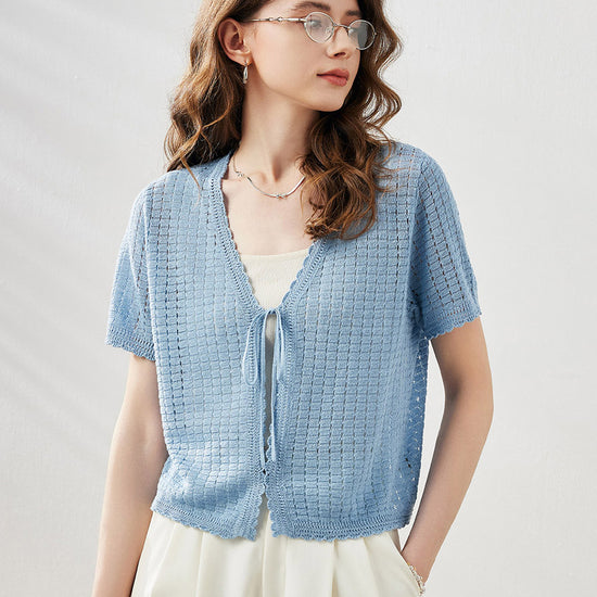 COMOBOCA Women's Linen Crochet Tie Short Sleeve Cardigan