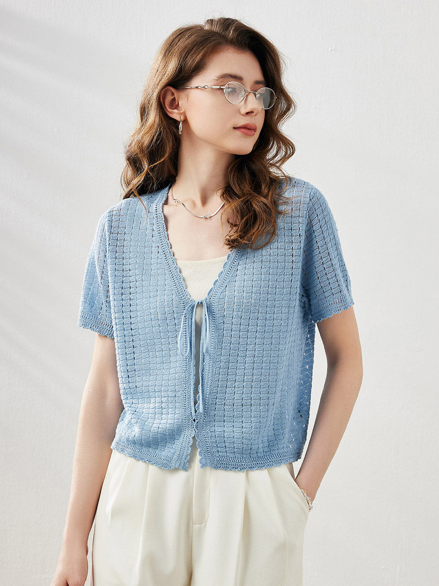 COMOBOCA Women's Linen Crochet Tie Short Sleeve Cardigan