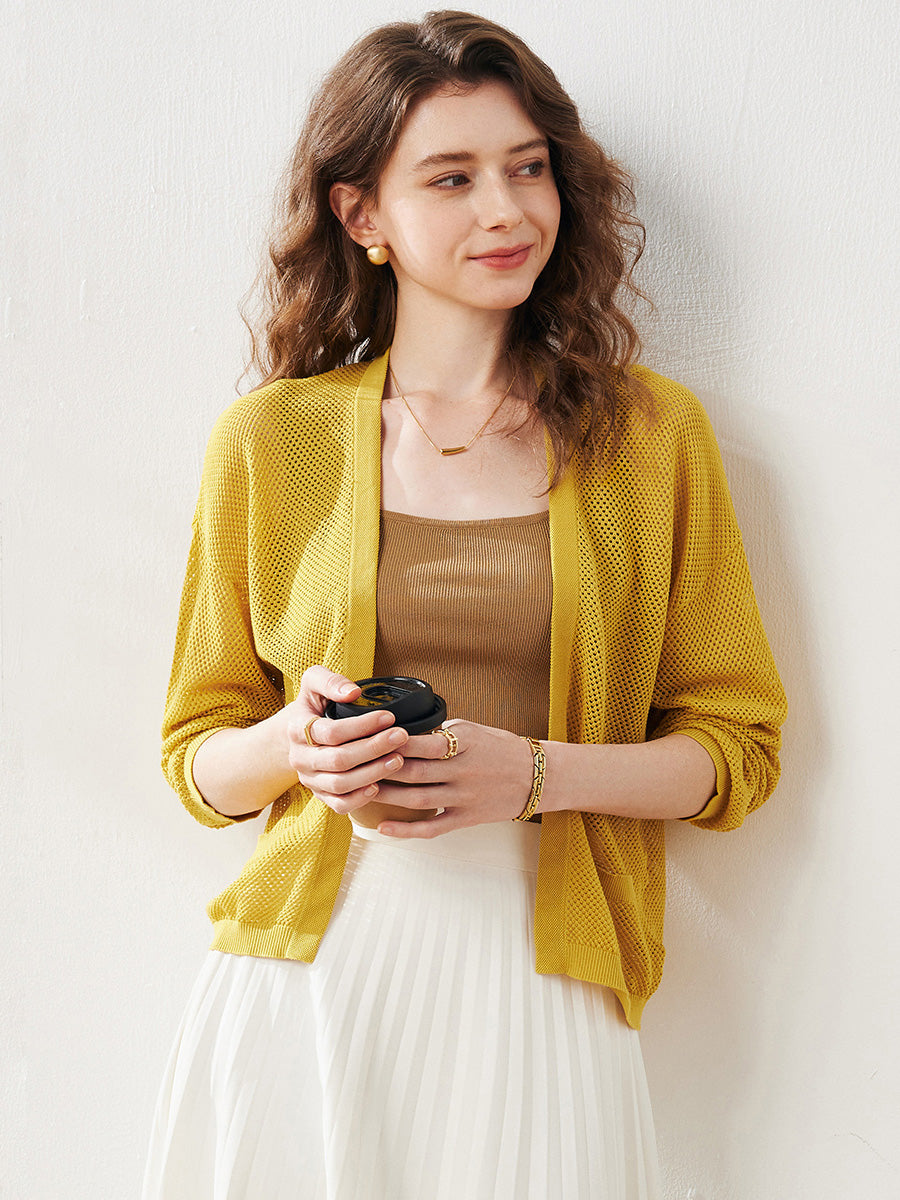 COMOBOCA Women's Open Front Mesh Knit Cardigan