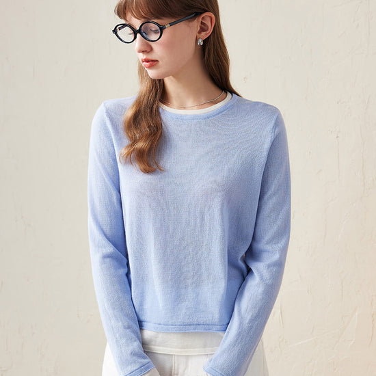COMOBOCA Light Blue 100% Wool Chic Layered Look Sweater for Women