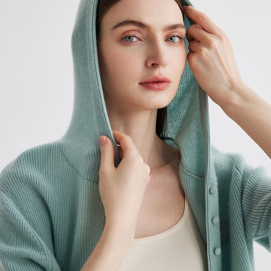 COMOBOCA 100% Cashmere Women's Button Up Knit Hoodie