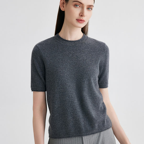 COMOBOCA Gray 100% Cashmere Women's Round Neck T-Shirt