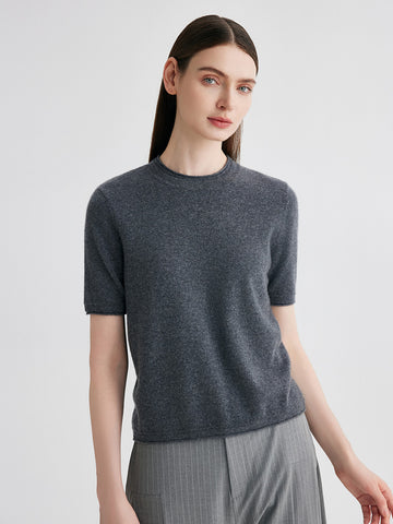 COMOBOCA Gray 100% Cashmere Women's Round Neck T-Shirt