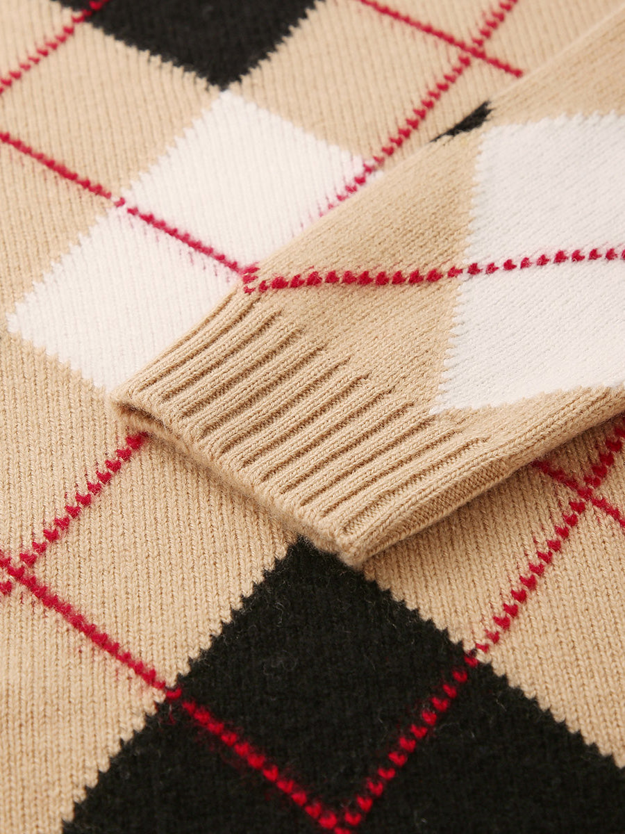COMOBOCA 100% Wool Kids' Ribbed Argyle Knit Sweater