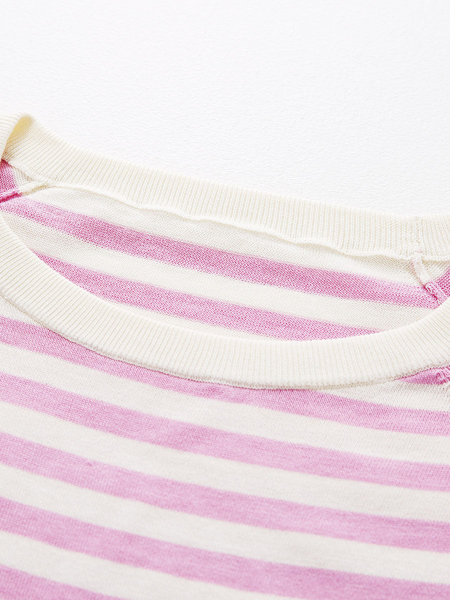 COMOBOCA Women's Striped Embroidered Pocket Knit T-Shirt