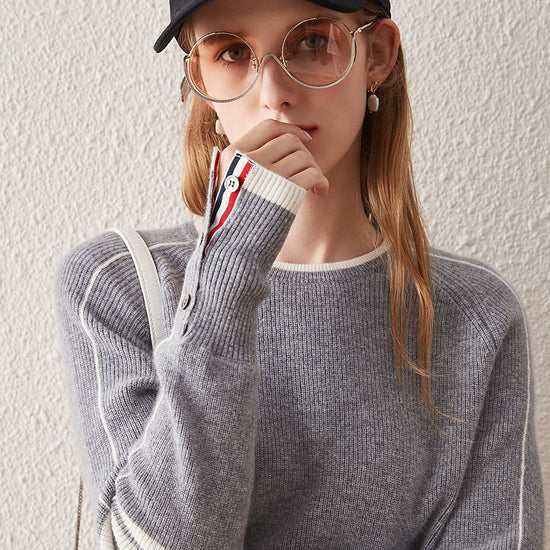 COMOBOCA 100% Cashmere Women's Striped Sleeve Round Neck Sweater