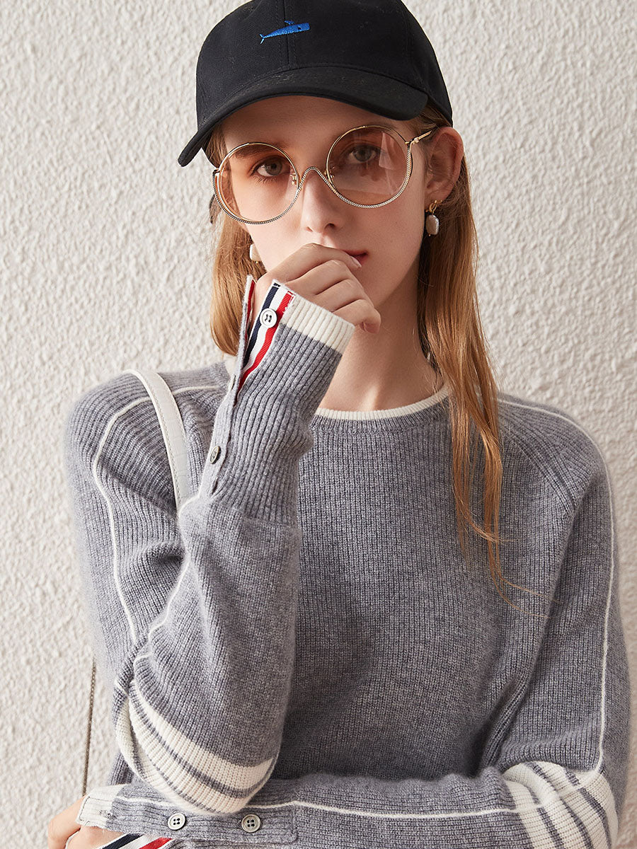 COMOBOCA 100% Cashmere Women's Striped Sleeve Round Neck Sweater