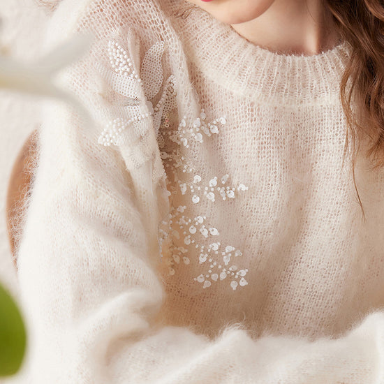 COMOBOCA Women's Mohair Embroidered Floral Sweater