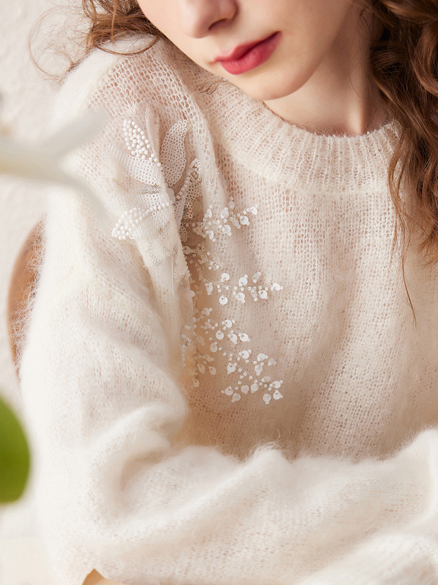 COMOBOCA Women's Mohair Embroidered Floral Sweater