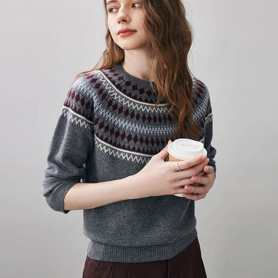 COMOBOCA 100% Wool Women's Geometric Fair Isle Knit Sweater