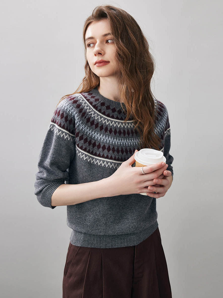 COMOBOCA 100% Wool Women's Geometric Fair Isle Knit Sweater