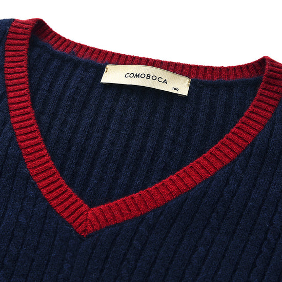 COMOBOCA 100% Cashmere Women's V-Neck Cable Knit Sweater