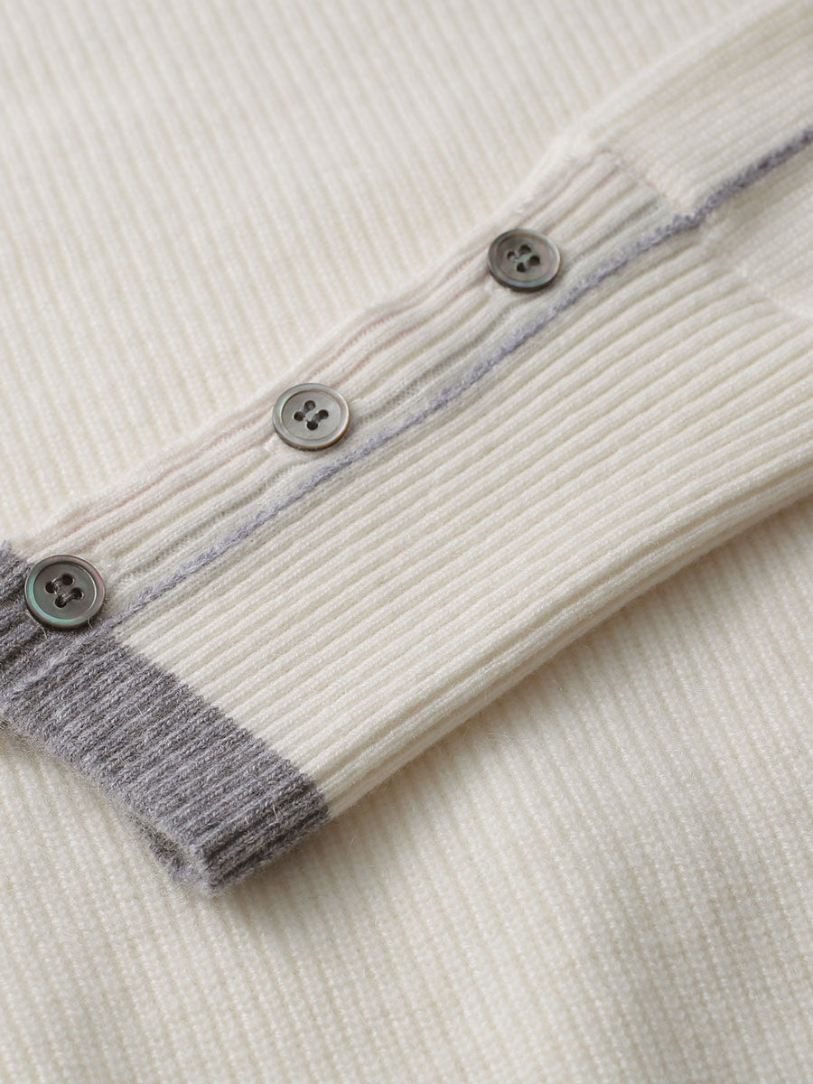 COMOBOCA 100% Cashmere Women's Striped Sleeve Round Neck Sweater