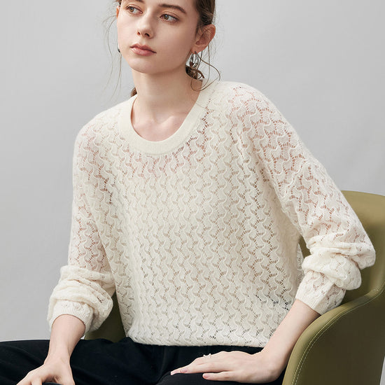 COMOBOCA 100% Cashmere Women's Openwork Round Neck Knit Sweater