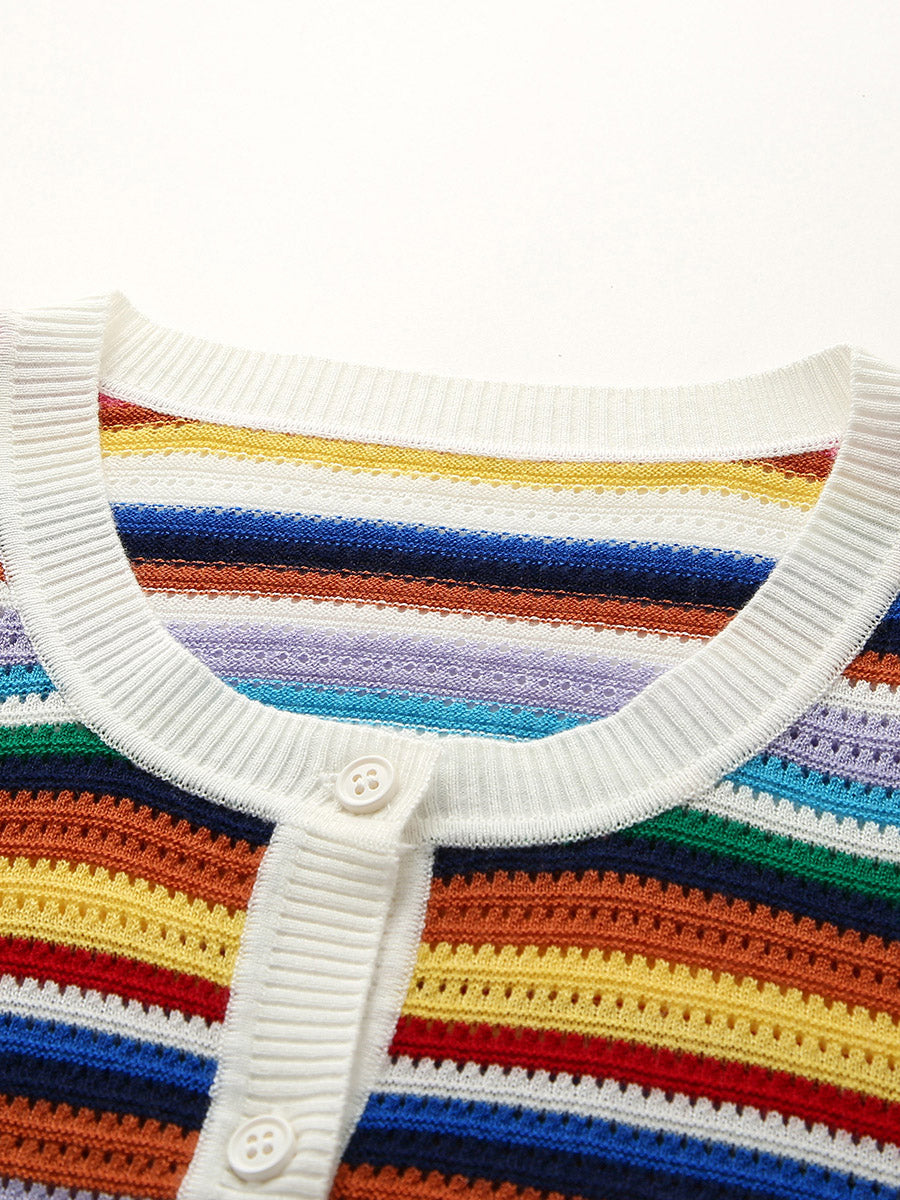 COMOBOCA Women's Ribbed Rainbow Striped Knit Cardigan