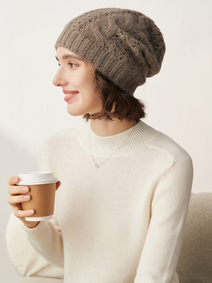 COMOBOCA 100% Cashmere Classic Cable Knit Beanie