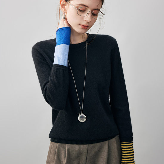 COMOBOCA 100% Cashmere Women's Color-Blocked Sleeve Knit Sweater