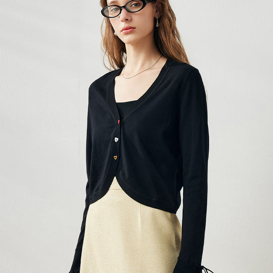 COMOBOCA Women's Heart Button Cropped Ruffle Bell Cardigan