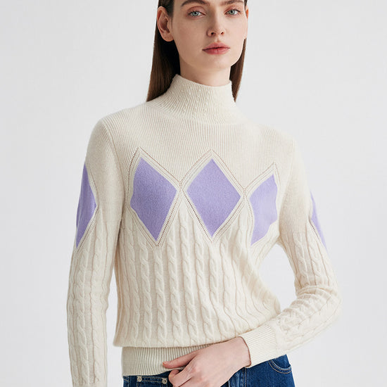 COMOBOCA 100% Cashmere Women's Argyle Cable Turtleneck Knit Sweater