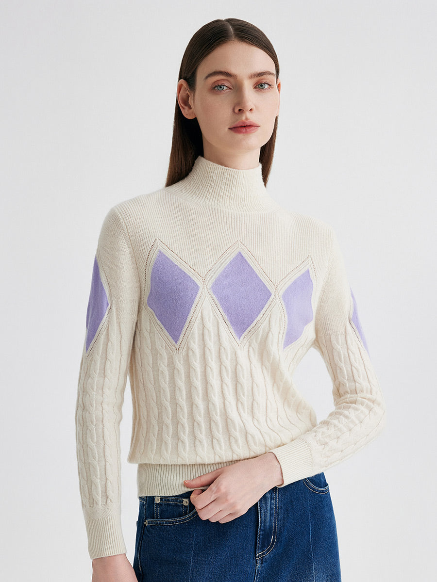 COMOBOCA 100% Cashmere Women's Argyle Cable Turtleneck Knit Sweater