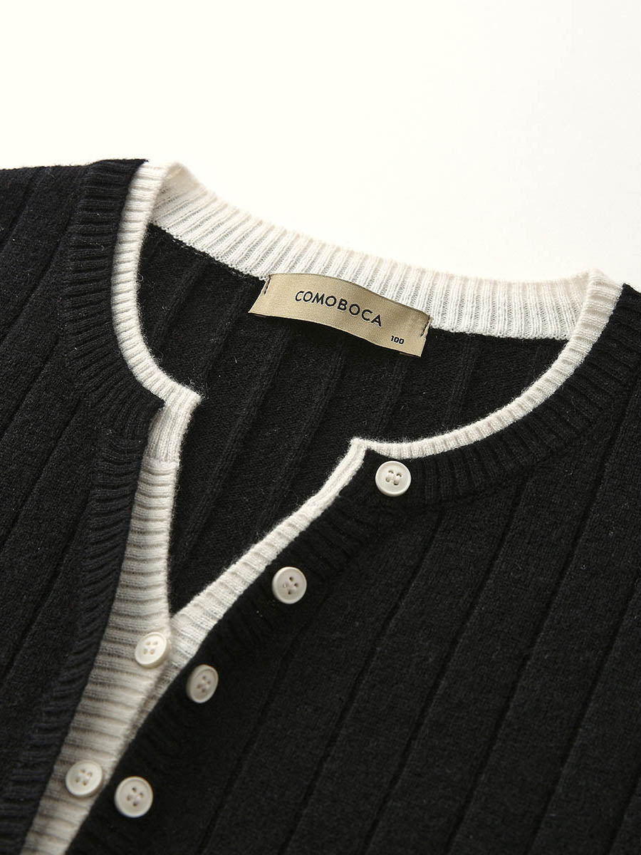 COMOBOCA 100% Wool Women's Ribbed Contrast Trim Sweater