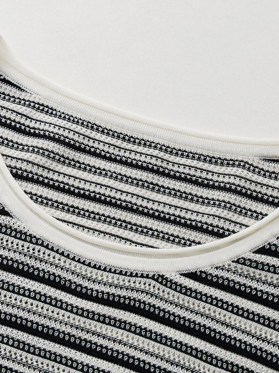 COMOBOCA Women's Striped Mesh Knit Round Neck Sweater