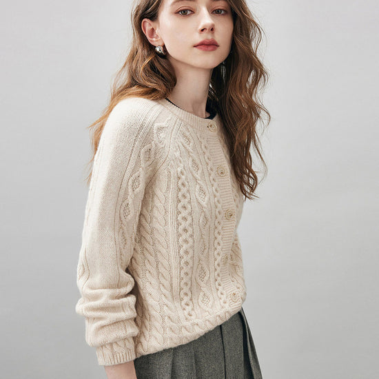 COMOBOCA 100% Wool Women's Cable Knit Button Cardigan