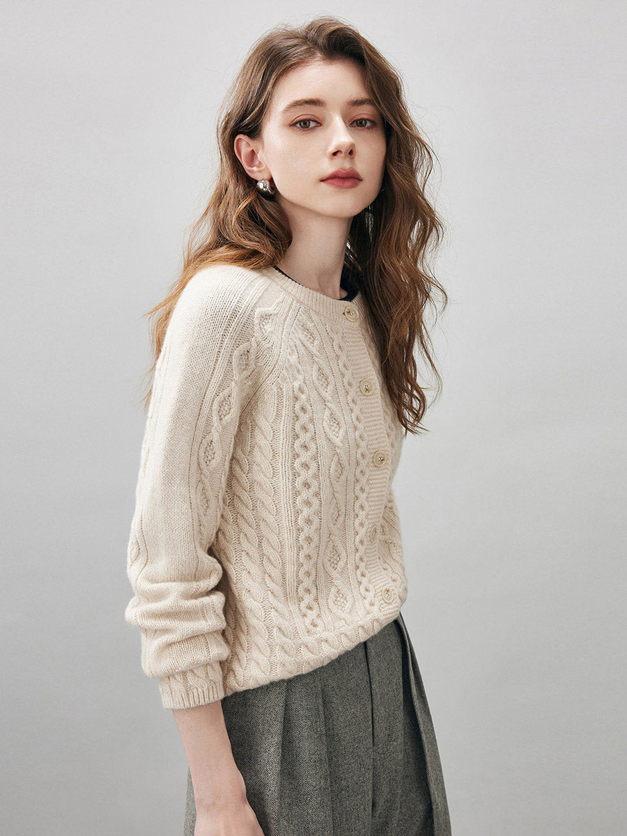 COMOBOCA 100% Wool Women's Cable Knit Button Cardigan