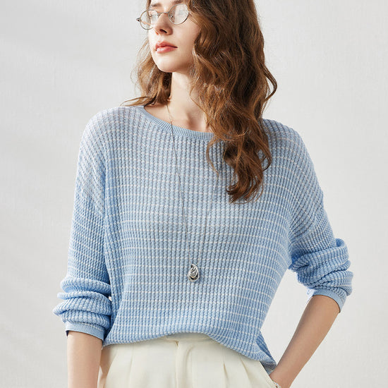 COMOBOCA Light Blue Women's Striped Knit Pullover Sweater