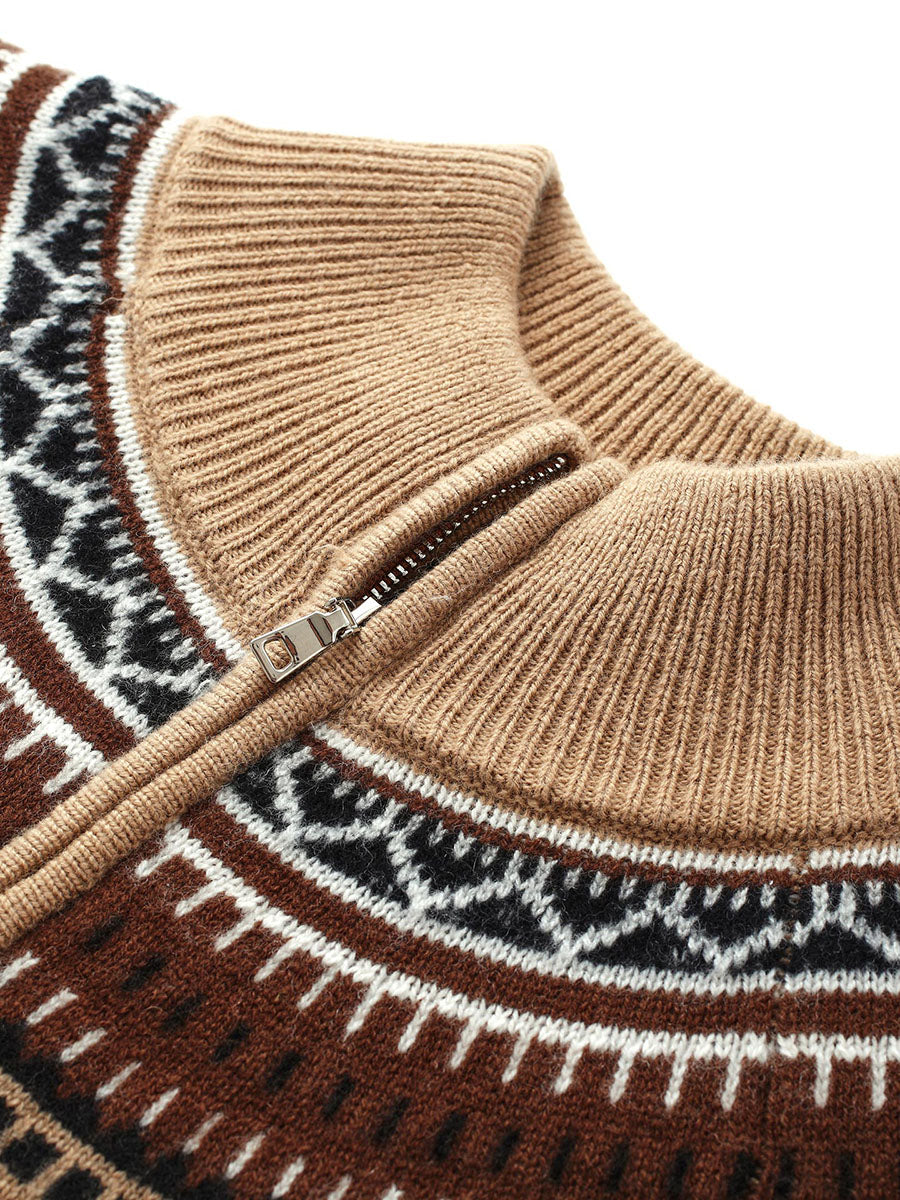 COMOBOCA 100% Wool Women's Fair Isle Zip Up Cable Knit Cardigan