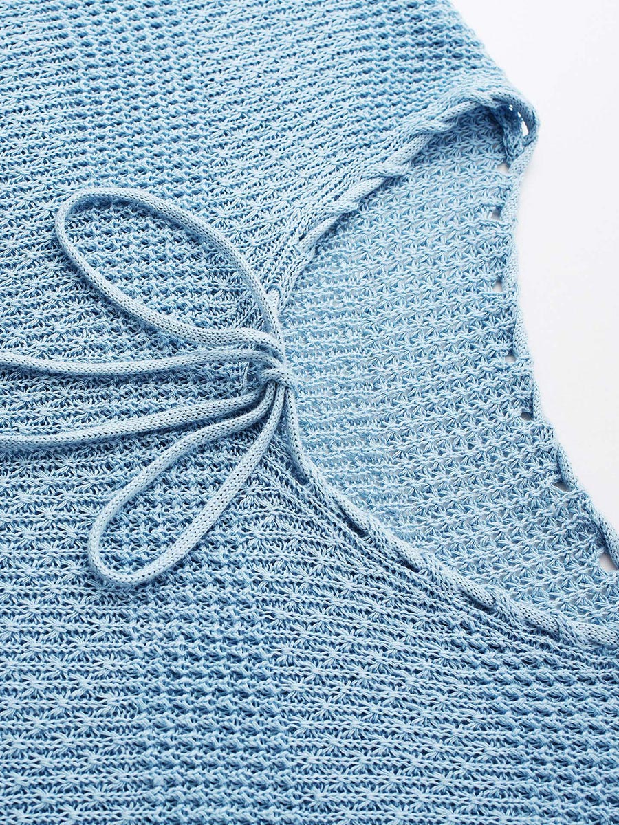 COMOBOCA Women's Tie-Neck Textured Knit Cap Sleeve Top