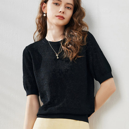 COMOBOCA Black Women's Cotton Silk Versatile Floral Lace Knit T-Shirt