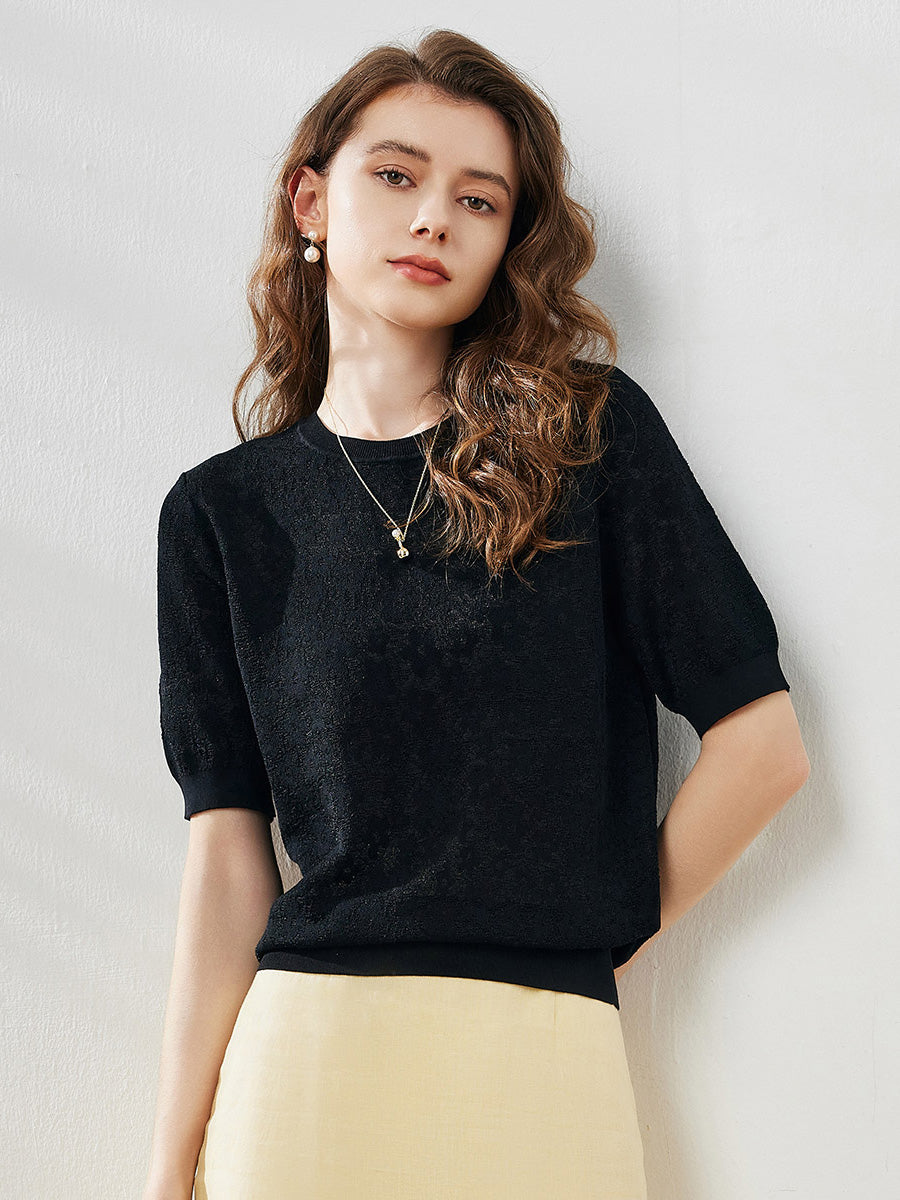 COMOBOCA Black Women's Cotton Silk Versatile Floral Lace Knit T-Shirt