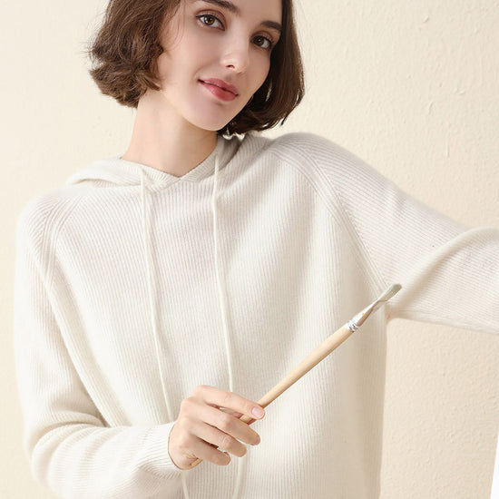 COMOBOCA White 100% Cashmere Women's Knit Sweater Hoodie