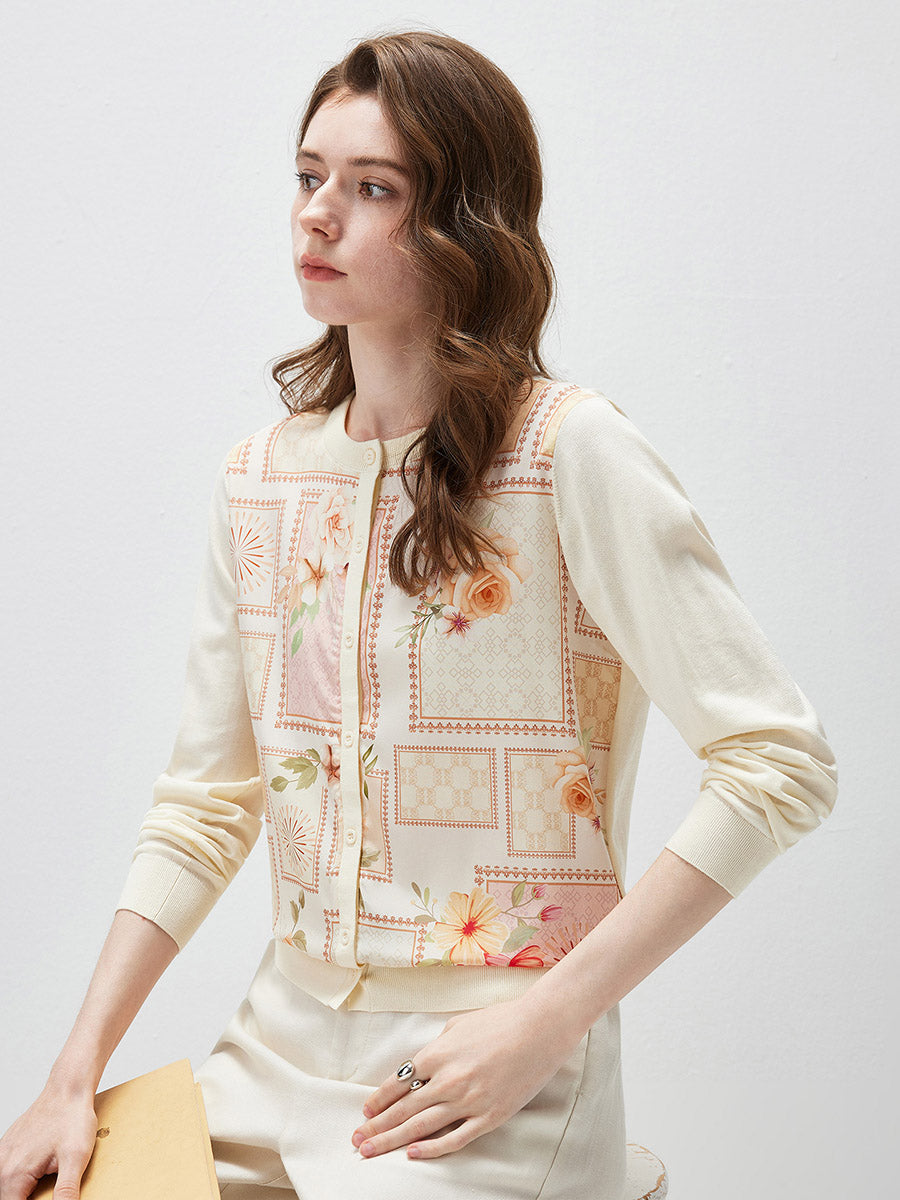 COMOBOCA Women's Printed Panel Knit Cardigan