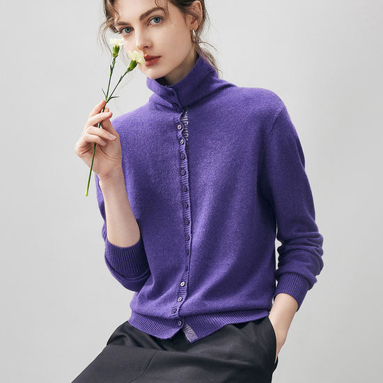 COMOBOCA 100% Cashmere Women's Turtleneck Button-Up Cardigan