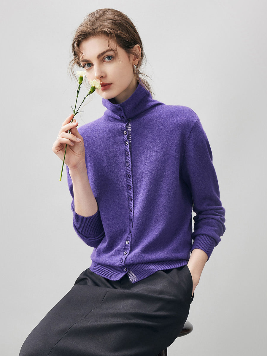 COMOBOCA 100% Cashmere Women's Turtleneck Button-Up Cardigan