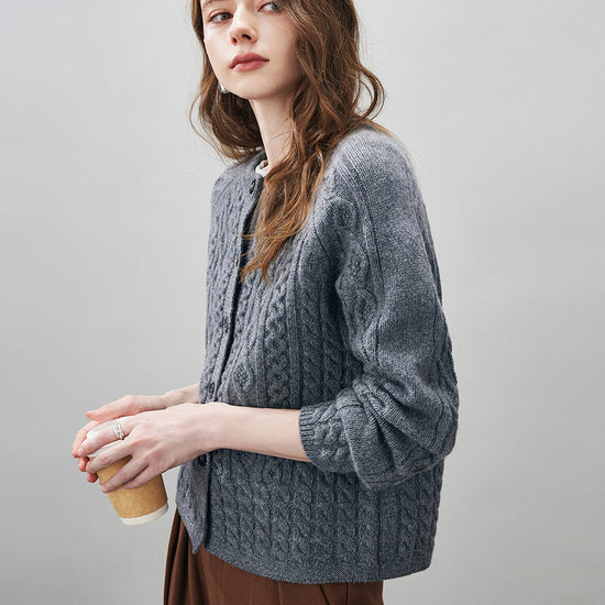 COMOBOCA 100% Wool Women's Cable Knit Button Cardigan