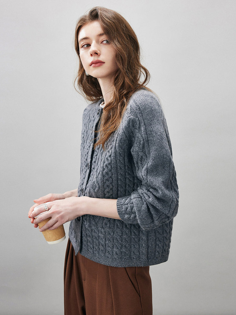 COMOBOCA 100% Wool Women's Cable Knit Button Cardigan