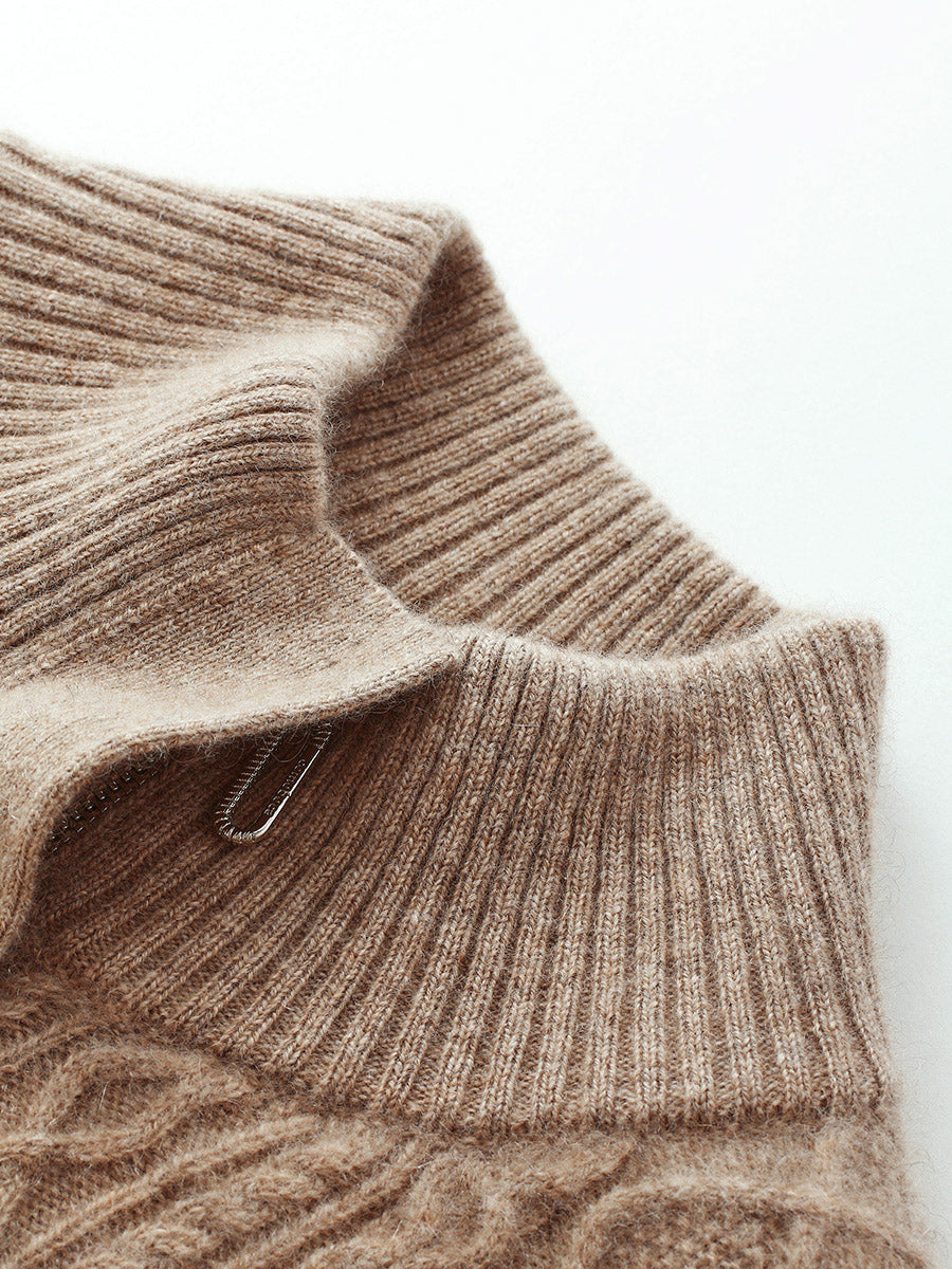 COMOBOCA 100% Cashmere Women's Cable Knit Mock Neck Zip Up Cardigan