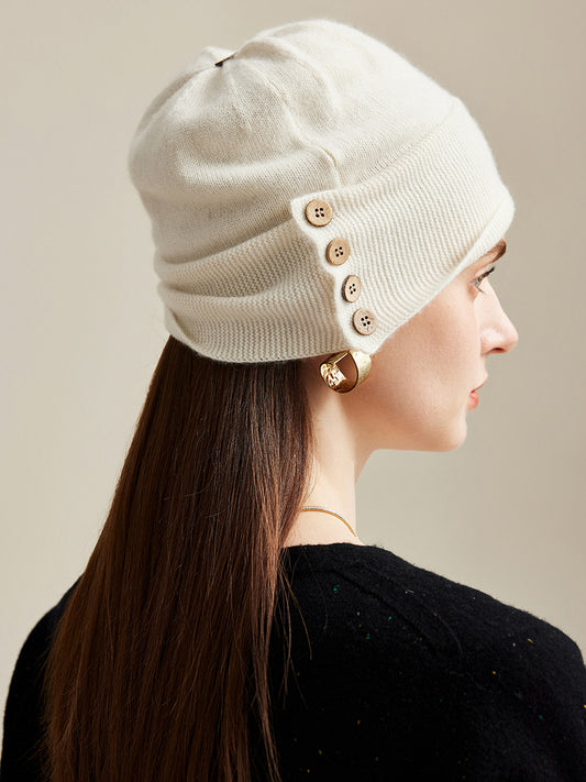 COMOBOCA 100% Cashmere Women's Button Decorated Knit Beanie