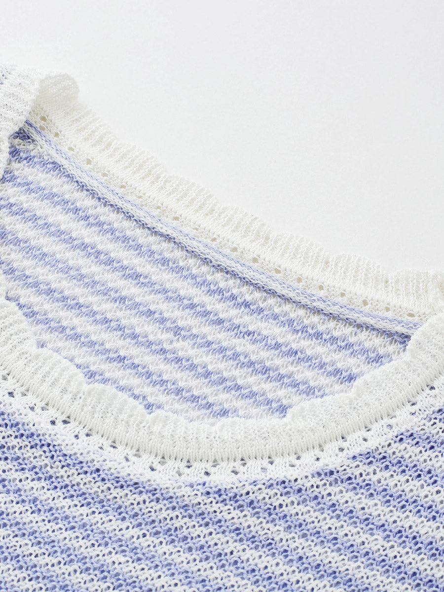 COMOBOCA Women's Drawstring Striped Lace Trim Knit T-Shirt